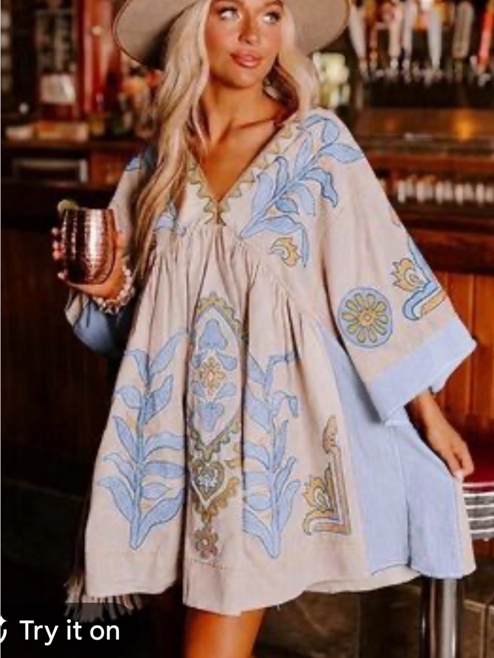 Blue Velvet Babydoll Floral Embroidered Boho Dress